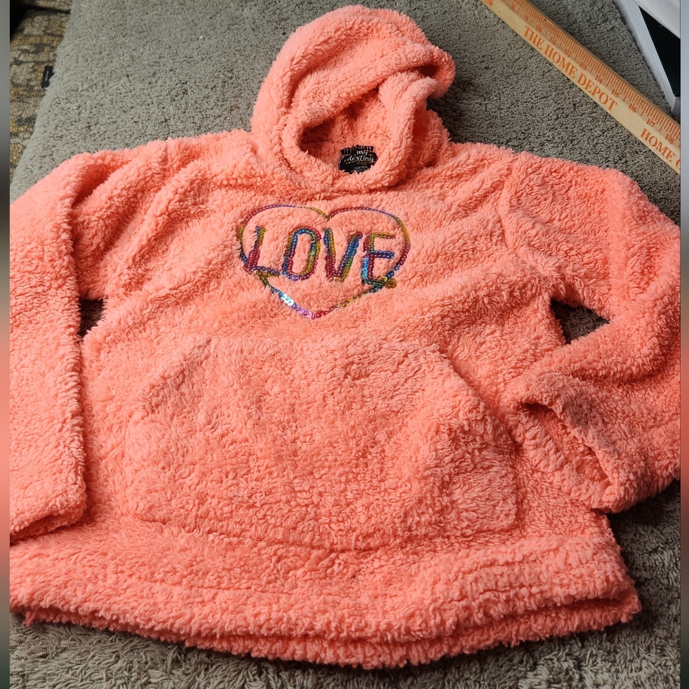 Girl's Orange "Love" Sequins Long Sleeve Pull-over With Hood - My Destiny - 6X